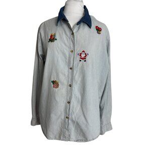 Vtg Cabin Creek Size Large Christmas Shirt Denim Collar Embroidered Striped